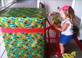 Mädchen packt riesiges Geburtstagsgeschenk aus