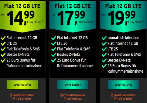 Allnet-Flat im Telekom-Netz mit SMS + 12GB LTE nur 14,99€ mtl.