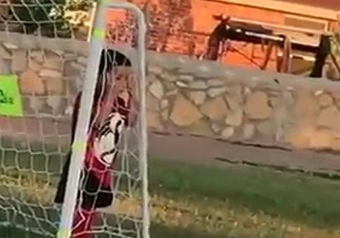 Der kleine Torwart ist leicht abgelenkt