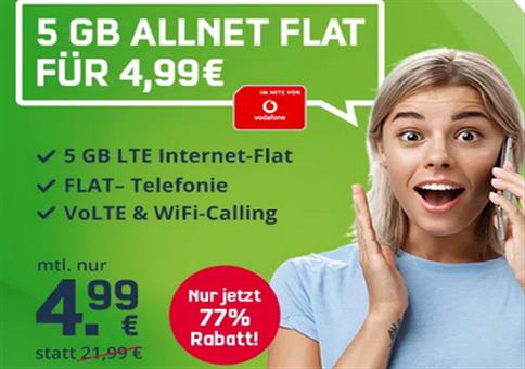 Vodafone 5GB LTE inkl. Allnet-Flat für nur 4,99€ mtl.