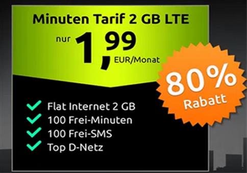 100 Min, 100 SMS + 2GB LTE für 1,99€ mtl. im Vodafone Netz