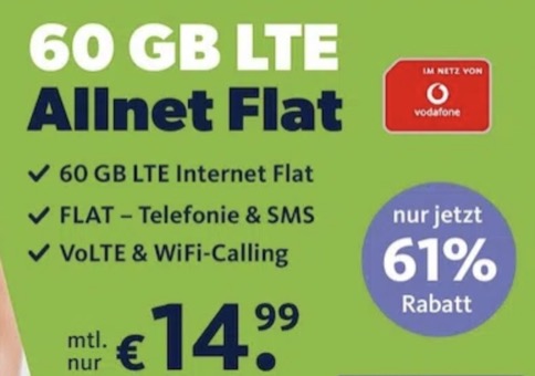 🔥 Vodafone Allnet-Flat mit 60GB LTE für 14,99€ mtl.