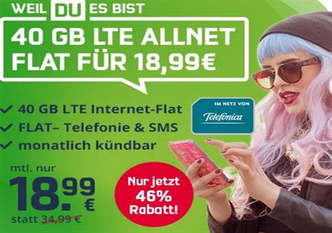 o2 Allnet-Flat 40GB LTE inkl. VoLTE & WLAN Call 18,99€ mtl.
