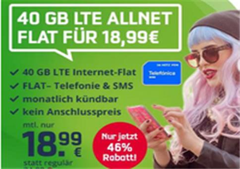 o2 Allnet-Flat mit 40GB LTE für 18,99€ mtl.