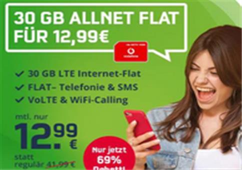 Vodafone Allnet-Flat mit 30GB LTE für 12,99€ mtl.