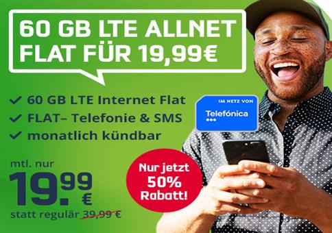 o2 Allnet-Flat mit 60GB LTE für 19,99€ mtl. – monatlich kündbar