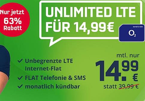🔥 o2 Unlimited Smart mit unendlich LTE für 14,99€ mtl.