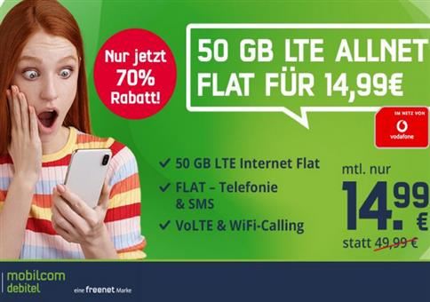 Vodafone Allnet-Flat mit 50GB LTE für 14,99€ mtl.