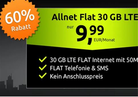 Crash Vodafone Tarife - z.B. Allnet-Flat 30GB LTE für 9,99€ mtl.
