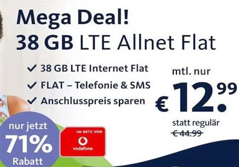 Vodafone Allnet-Flat mit 38GB LTE für 12,99€ mtl.