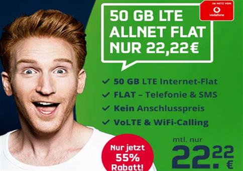 Vodafone Allnet-Flat mit 50GB LTE für 22,22€ mtl.